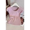 NUNBAI Estilo Francés Estilo Camiseta de Manga Corta Tejida de Seda de Hielo para Mujer Verano Pequeño Top Estilo Occidental