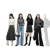 Suéter de punto negro ajustado estilo coreano, nueva moda de invierno 2025 para mujer, con ribete de volantes y cuello semi-alto, suéter elegante