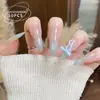 Uñas Manicura Populares Perlas de Vidrio Azul Degradado Lazo Punta Larga Ojo de Gato Uñas Portátiles Desmontables