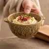Louça de cerâmica de fabricação industrial com esmalte de padrão rochoso, tigela pequena de duas alças, tigela para cozinhar no vapor, tigela de arroz para uso doméstico, tigela para macarrão, tigela para sopa, tigela para salada de frutas
