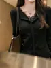 Exquisito Top de Encaje Tejido Falso de Dos Piezas para Mujer, Primavera/Otoño, Cuello Solapa, Tejido de Canalé, Borde Fruncido, Manga Larga, Suave Top Base