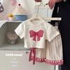 Traje de Verano para Niñas 2025 Nuevo Bebé Lazo Camiseta de Manga Corta para Niños Conjunto de Dos Piezas de Verano para Niños