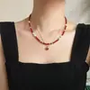 Guofeng Vintage de alta calidad Calcedonia Roja Natural Vítrea Cadena Doble Superpuesta para Clavícula