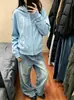 Sudadera con capucha y hombros caídos estilo retro americano azul para hombre y mujer, otoño, holgada, moderna, marca, pareja, top casual