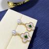 Pendientes de Perla de Agua Dulce Natural, Trébol de Cuatro Hojas y Diamante Verde para el Día de la Madre, Pendientes de Aro Versátiles de Lujo Ligero para Mujer, Clavos de Plata S925