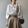 Camisa Blanca de Cuello Redondo para Mujer Otoño Nuevo Estilo Coreano Simple Diseño Suelto Sentido Manga Linterna Blusa 80226