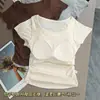 Camiseta integrada de manga corta con almohadillas en el pecho para mujer, cuello redondo, pura y seductora, versátil, plisada, entallada a la cintura, top adelgazante