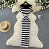 Vestido tejido cuadrado de cuello azul y blanco a rayas estilo coreano para mujer, vestido de verano de manga corta de cintura alta elegante línea A, adelgazante para ir al trabajo