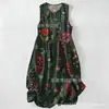 Vestido Casual de Algodão Puro com Estampa Digital Nova, Gola Redonda, Sem Mangas, Comprimento Médio, Para Mulheres, Verão na Praia