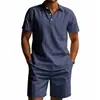 Traje casual de verano para hombre de algodón y lino con manga corta, deportivo, transpirable, ligero conjunto de dos piezas de lino con cuello tipo polo