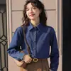Foto Real # Camisa Jeans Azul Básica Simples Top para Mulheres 2025 Primavera Novo Estilo Jaqueta Confortável Azul Escuro
