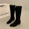 Botas Ocidentais de Cano Alto Dobrável, Fivela de Metal, Cor Marrom Fosco em Camurça, Para Pessoas Preguiçosas, Novas Botas Chinesas de Calçar, Emagrecedoras, Fashion
