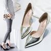 Novo salto agulha apontado brilhante sapatos de couro sexy primavera e outono boca rasa prata lado vazio sapatos femininos europeus e americanos novos saltos altos na moda