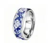 Anel de aço inoxidável com padrão de porcelana azul e branca estilo chinês, anel de casal de 8mm, versão larga para homens e mulheres, joia tradicional chinesa