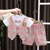 Estilo Coreano Verano Nuevo Conjunto de Chaleco de Cuello Redondo para Niño Estilo Gentleman de Manga Corta Conjunto de Dos Piezas de Pantalones Cortos Casuales a Cuadros para Bebé Hombre