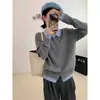 Cárdigan de punto trenzado gris con cuello polo para mujer, otoño e invierno, para figuras petite, con diseño de dos piezas falso