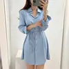 Camisa chique coreana estilo outono com amarração frontal, camisa feminina de manga comprida + vestido de alça