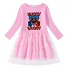 Vestido Transfronterizo Nuevo para Niñas Primavera y Otoño Algodón Estampado Caricatura Estrellas y Luna Malla Manga Larga Vestido de Princesa