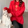 Suéter de estilo chino de moda nacional holgado con capucha y forro polar de otoño e invierno para mujer, nuevo jersey rojo grueso de manga larga de Año Nuevo
