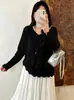 Top vintage hueco de punto con cuello en V para mujer talla grande, estilo otoño 2026, de corte holgado con dobladillo de encaje para mujeres talla grande