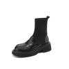 Botas Cortas de Punto con Cuero de Vaca Estilo Universitario Británico 2023 Invierno Suela Gruesa Tacón Medio Grueso Punta Redonda Elásticas Ajustadas para Mujer