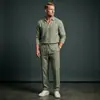 2026 Comércio Exterior Europeu e Americano Transfronteiriço Novo Terno Masculino Casual Solto de Linho de Manga Longa e Calça Longa com Gola Reversível Liso