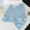 Pijama romántico estilo coreano para mujer con lunares azules, de manga larga y pierna larga, con cintura de corbata, fino y adecuado para usar afuera como ropa de estar en casa en primavera y otoño