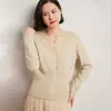 Cárdigan de cachemira con cuello en V para mujer, nuevo para otoño e invierno, borde de encaje, color liso, botones, top corto, chaqueta de lana de punto francés