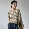 Suéter de tricô simples com gola redonda, meio abotoado e listrado para mulheres, de manga comprida, caimento solto, fino, adequado para primavera e outono, uso casual, e pode ser usado como uma camada externa ou como uma camada base