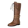 Botas de montar de comercio exterior transfronterizas con hebilla de cinturón, cordones en la parte delantera, tacón plano, caña alta, unisex, botas vaqueras de talla grande