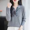 Suéter de Tricô de Lã Fina com Gola Lapela Manga Longa Cachecol Pulôver Solto Camisa Base Top para Mulheres Outono/Inverno 2026