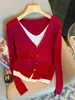 Top de punto elegante de algodón y seda con cuello en V, falso dos piezas, bloques de color, manga larga para mujer, nuevo otoño 2026, top suave para mujer