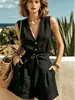 LN1911 Verano Europeo y Americano Cuello en V Casual Chaleco Superior Cintura Ceñida con Cinturón Shorts Traje de Oficina Lino Mujer