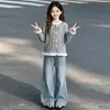 Nueva colección de otoño para niñas: top de manga larga con lazo, prenda interior, pantalones vaqueros de pierna ancha y pantalones de pierna recta con bordado de corazón