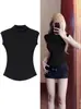 Camiseta de Manga Corta con Cuello Alto a Medio y Hombro Derecho para Mujer Verano 2025 Nuevo Ajustada Estilizadora Única Súper Bonita Top Corto para Usar Solo