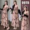 Conjunto de Dos Piezas de Maternidad Xmf [Rosa Desierto] Estilo Francés Elegante Vestido de Tirantes Suaves para Mujer, Vestido Holgado y Adelgazante