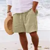 Shorts Masculino de Verão Algodão-Linho Transfronteiriço com Cordão na Cintura Elástica, Shorts de Praia Respirável, Estilo Casual Simples Versátil