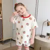 Traje de Manga Corta para Niña Verano Nuevo Estilo Estampado de Dibujos Animados Camiseta de Cuello Redondo Bebé Casual Delgado Elegante Pantalones Acampanados