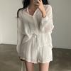 Actualización de Talla Camisa Retro Chic Coreano con Solapa de Manga Larga + Pantalones Anchos Traje Casual Nuevo Estilo para Mujer