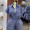 Roupas Femininas Transfronteiriças Europeias e Americanas 2025 Nova Moda Outono Lapela Listras Azuis Camisa Cinturada Terno Shorts de Perna Larga