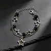 Pulsera Punk Popular Transfronteriza Europea y Americana Estilo Punk Negra con Perlas Huecas de Estrella de Cinco Puntas Estilo Nuevo Doble Capa Superpuesta Pulsera para Hombres y Mujeres