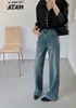 Jeans Moderno Vintage Azul Slim-Fit Novo Outono 2026 para Mulheres, Calças de Cintura Alta Perna Reta com Fenda Wide-Leg, Calças Longas Tendência