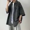 Camisa Jeans de Manga Curta para Homem, Estilo Retro Americano de Verão com Bordado de Urso, Jaqueta Camisa Soltinha Fresca e Estilosa