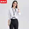 Camisa Profissional Formal de Manga Longa Azul com Decote em V de Fibra de Bambu para Entrevista de Emprego, Trabalho, Ambiente de Trabalho, Uniforme de Trabalho, Slim Fit, Primavera e Outono, para Mulheres