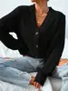 Suéter de punto de manga larga para comercio exterior transfronterizo, color liso, cuello de botonadura única, cárdigan de punto para otoño e invierno, chaqueta de moda versátil de corte holgado para mujer