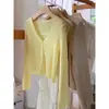 Cardigan de Punto con Cuello en V Blanqueador de Seda de Hielo Amarilla Protector Solar para Mujer Verano Falda de Tirantes Delgada con Blusa y Chaleco