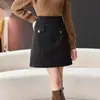 Falda Elegante de Seda Negra Brillante Estilo Chanel de Cintura Alta Corte en A para Mujer Falda de Lana Otoño e Invierno
