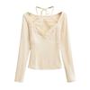 Chica pura sexy encaje cintura cuello colgante manga larga camiseta básica para mujer 2025 primavera temprana nueva camiseta top