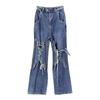 Jeans Flare Azul de Designer Inspirado, Novo Estilo Primavera 2026, Soltinho, com Amarração, Design Único de Nicho para Mulheres
