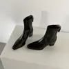 Botas Femininas Stretch Slim para Outono/Inverno 2026 com Bico Quadrado e Zíper nas Costas, Botas de Cano Curto Elegantes e Emagrecedoras para o Dia a Dia com Salto Bloco